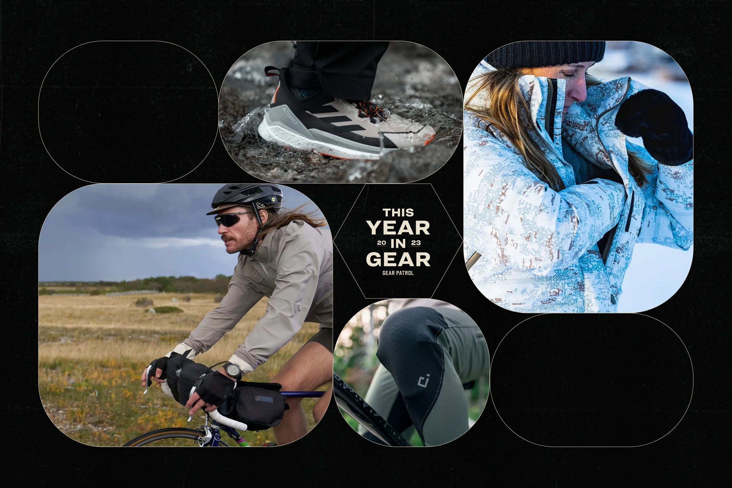 a group of tech products on a black background with geometric shapes and a headline that says this year in gear 2023 gear patrol