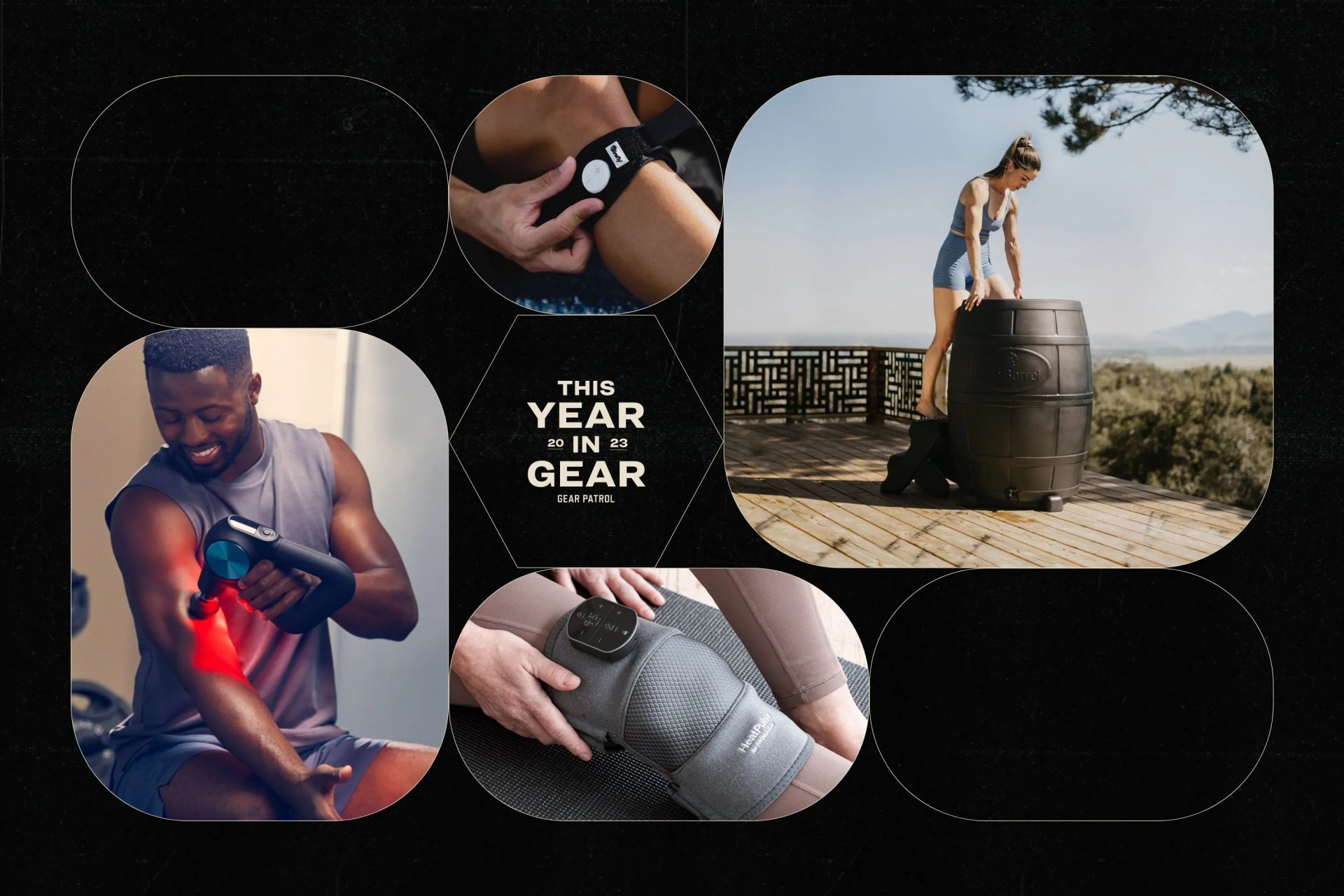 a group of people using fitness recovery tools on a black background with geometric shapes and a headline that says this year in gear 2023 gear patrol