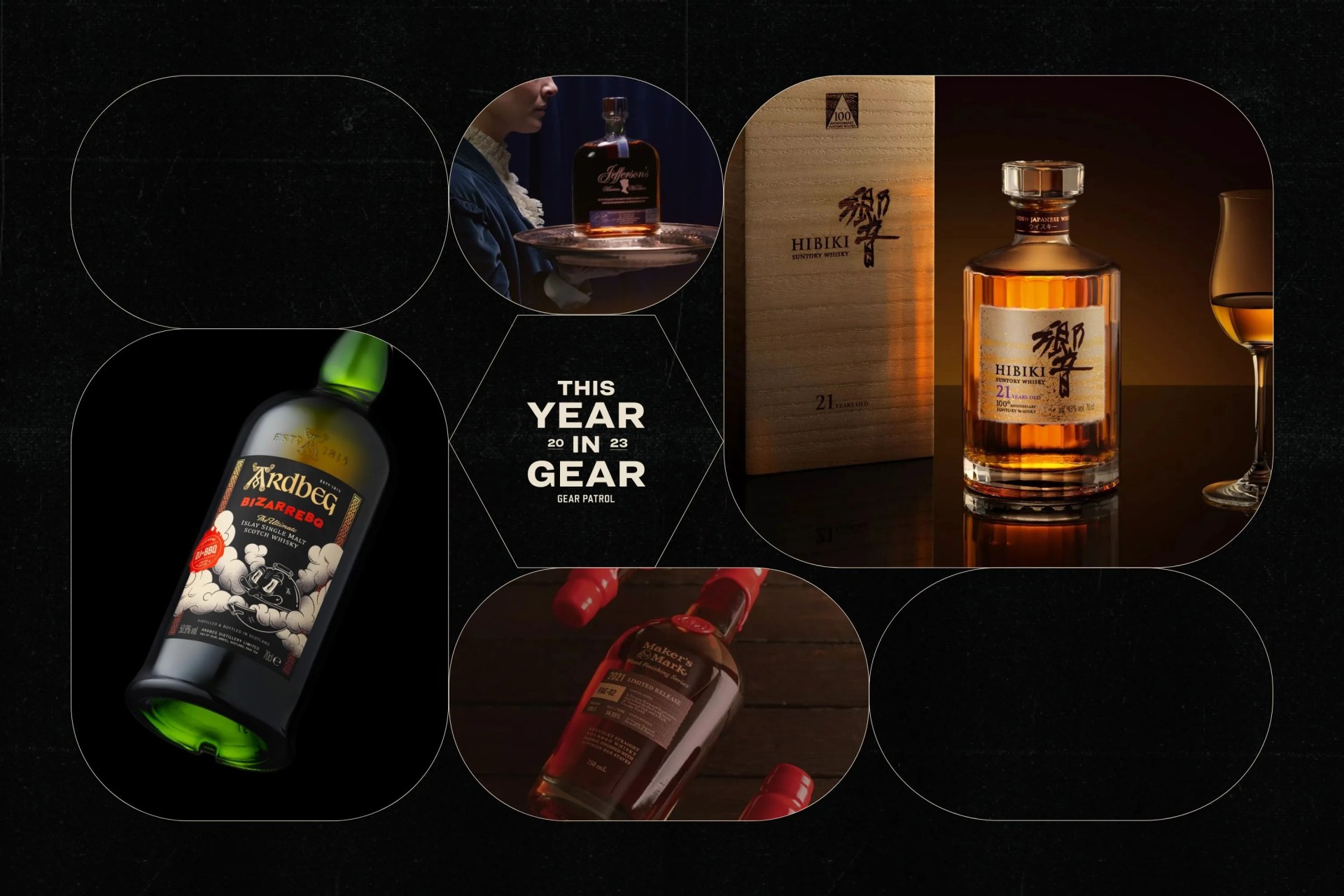 a group of bottles on a black background with geometric shapes and a headline that says this year in gear 2023 gear patrol