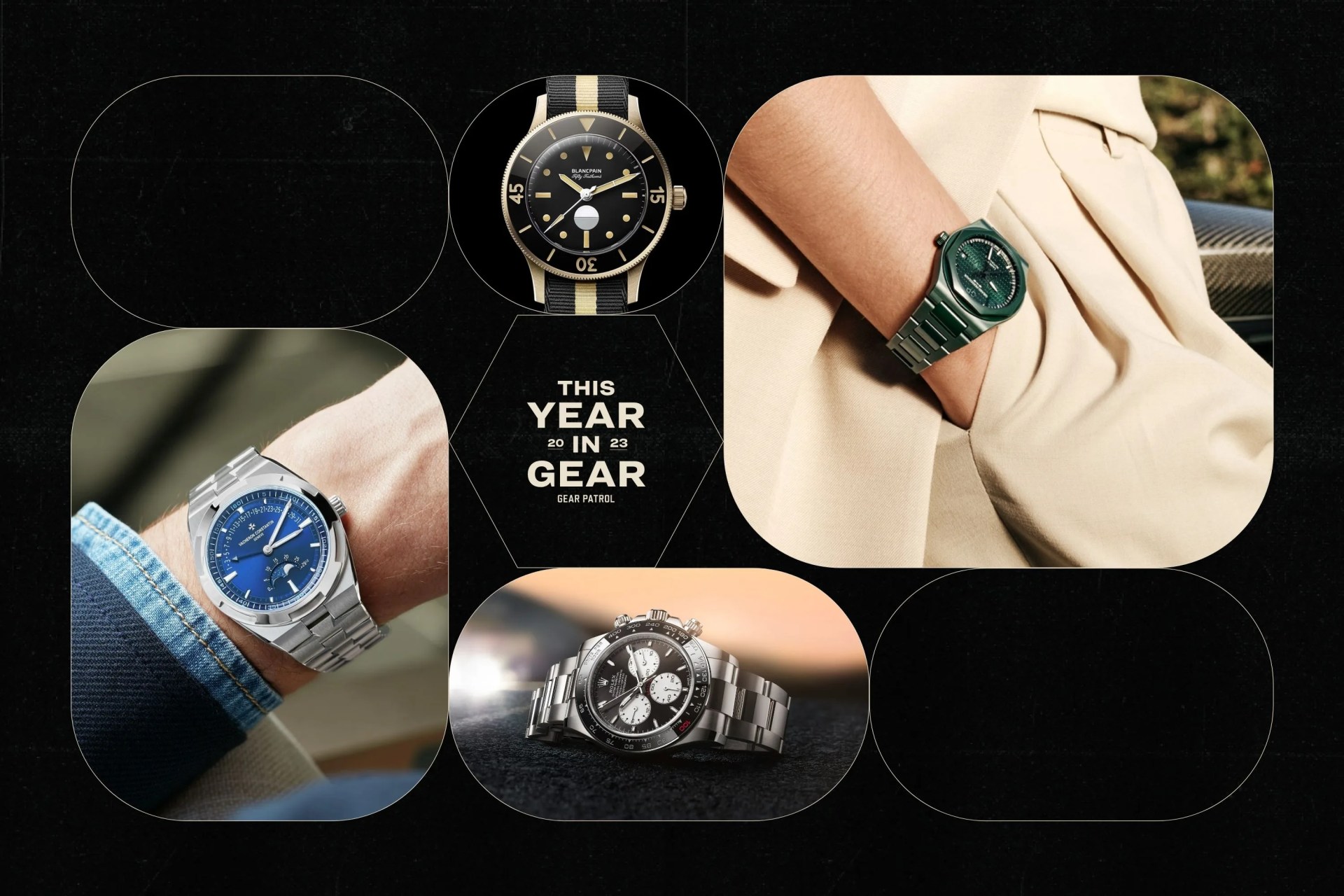 a group of watches on a black background with geometric shapes and a headline that says this year in gear 2023 gear patrol