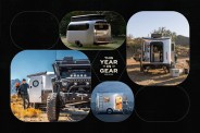 a group of camper vans on a black background with geometric shapes and a headline that says this year in gear 2023 gear patrol