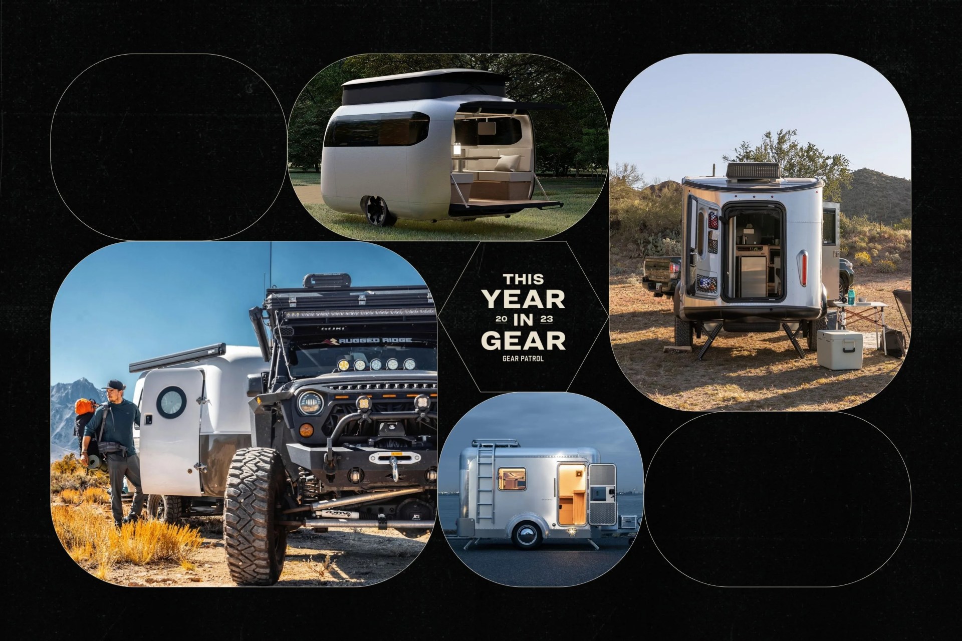 a group of camper vans on a black background with geometric shapes and a headline that says this year in gear 2023 gear patrol