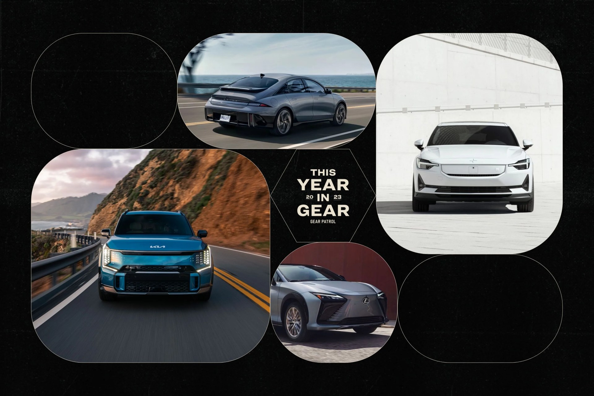 a collage of cars on a black background with geometric shapes and a headline that says this year in gear 2023 gear patrol