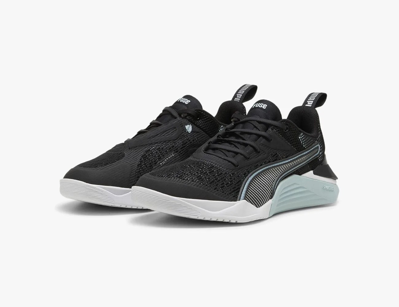 a pair of black and white sneakers