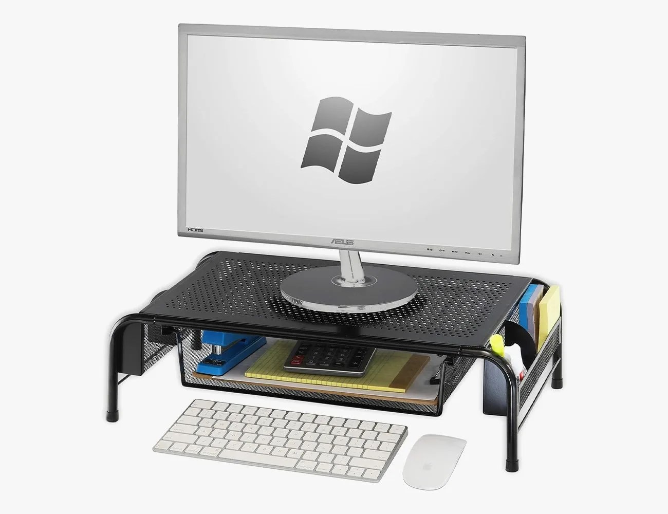 computer on a stand with a keyboard and mouse