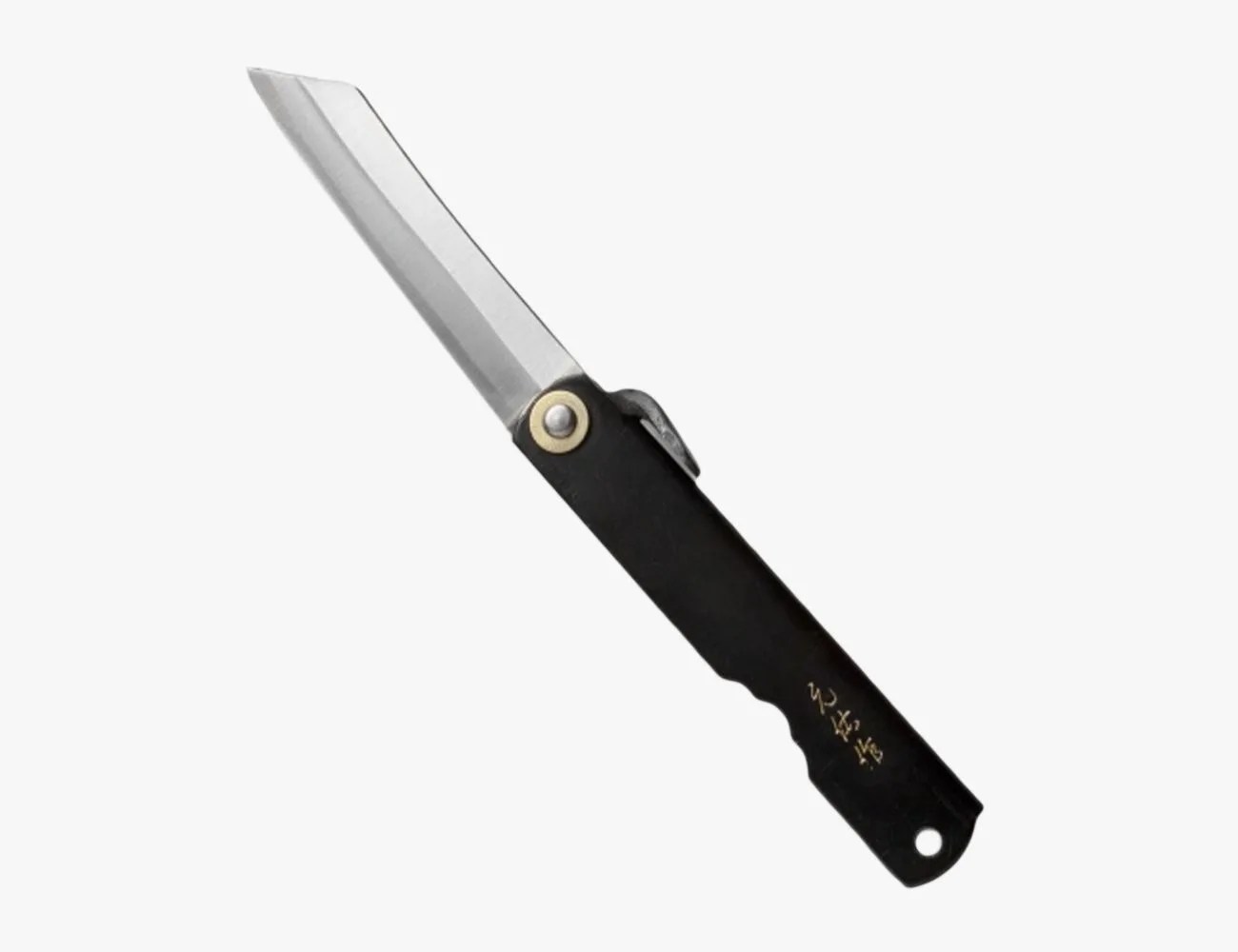 a knife with a black handle