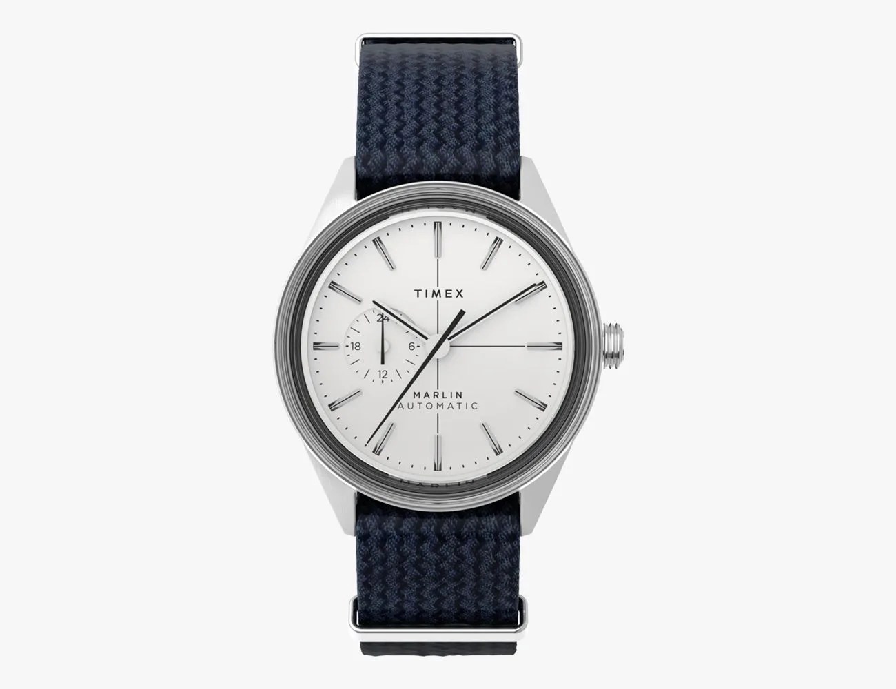 a silver watch with a black band