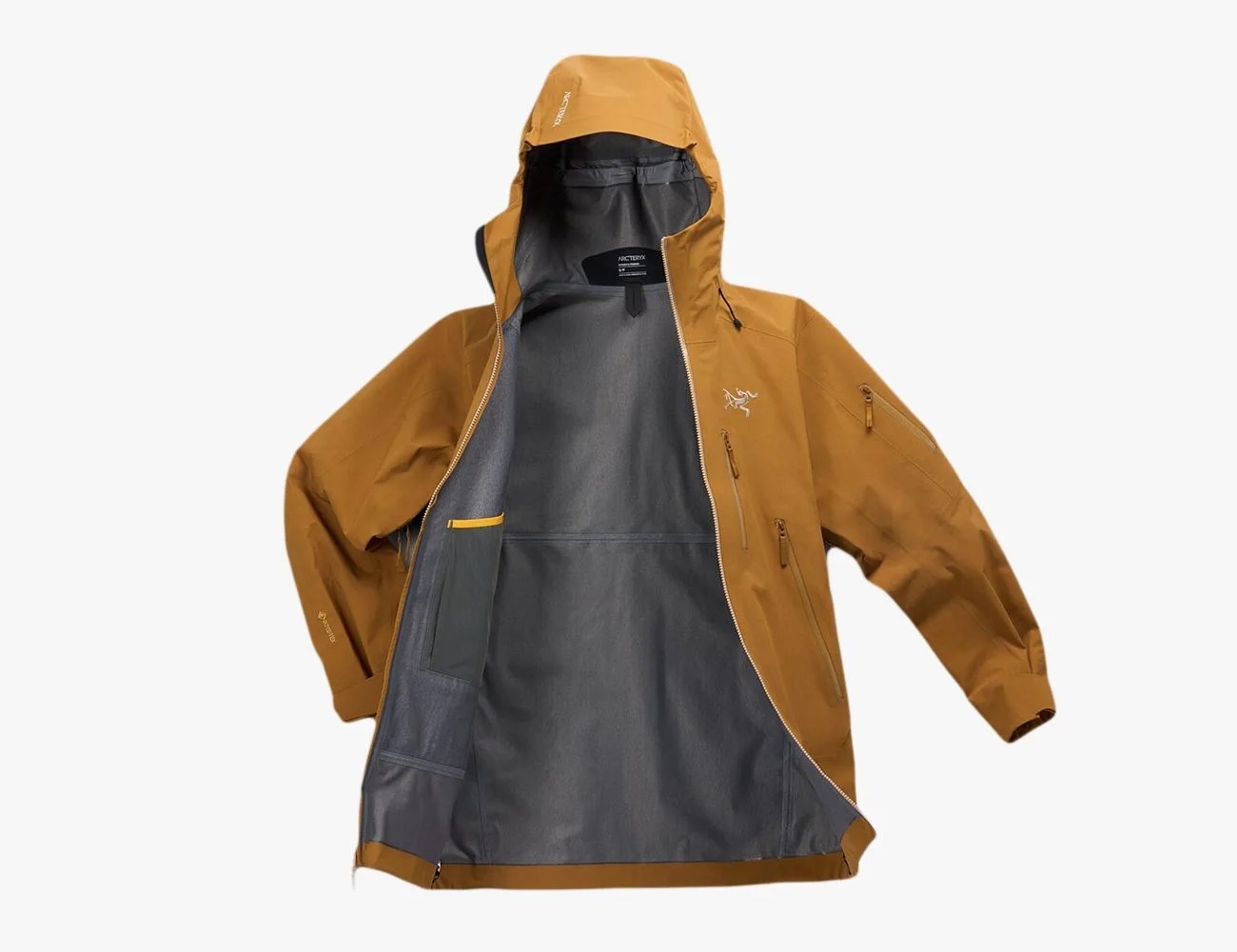 a brown jacket with a yellow zipper