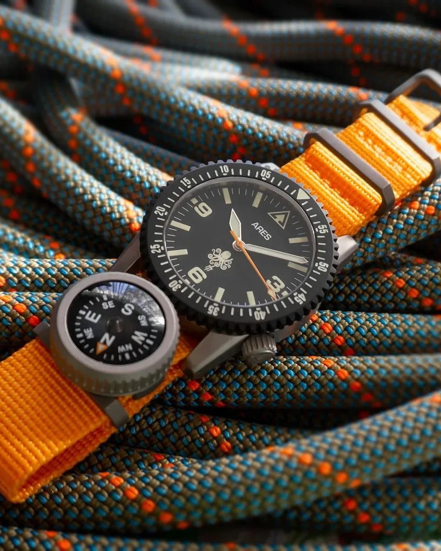 spd x ares diver 1 mission timer watch on a pile of rope