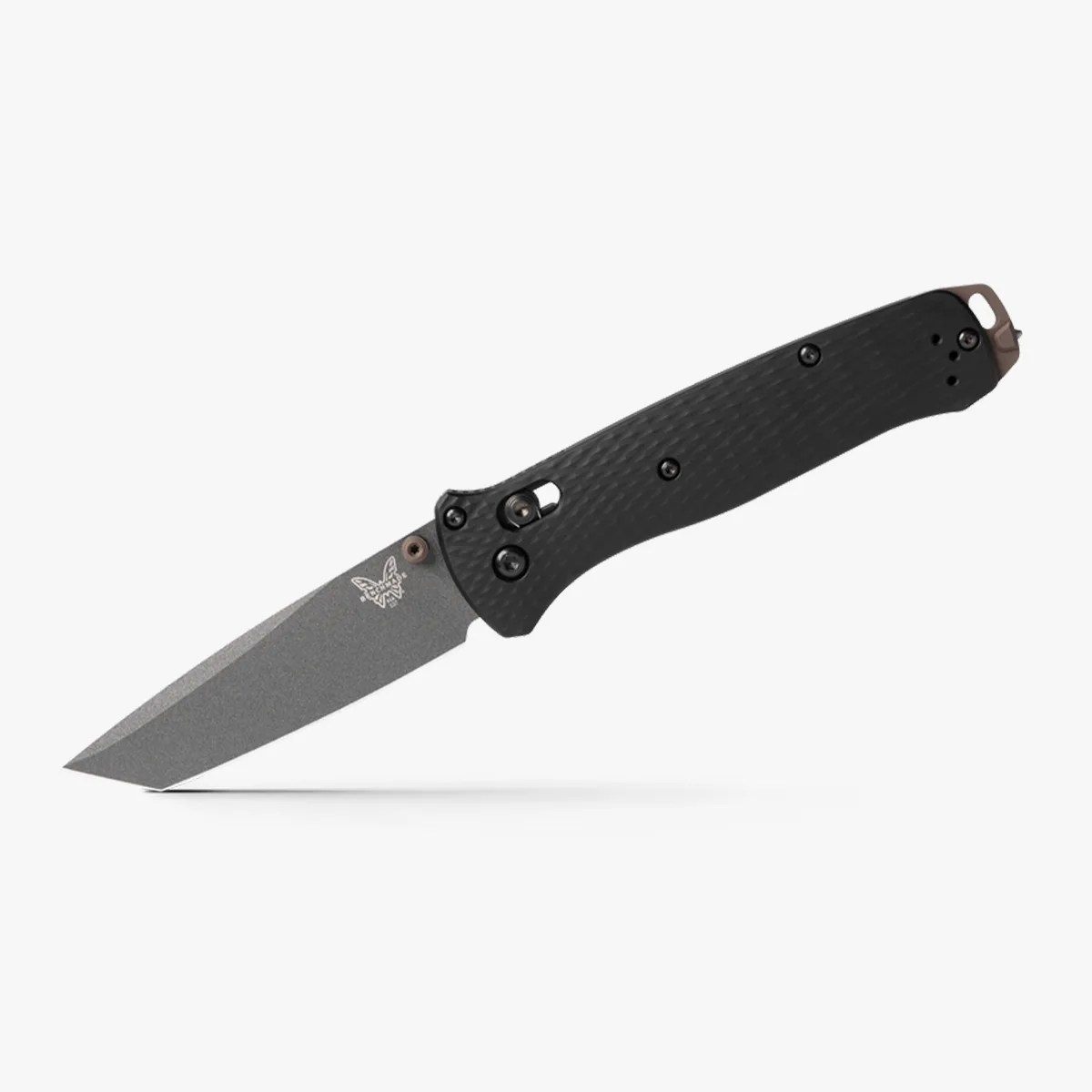 a knife with a black handle