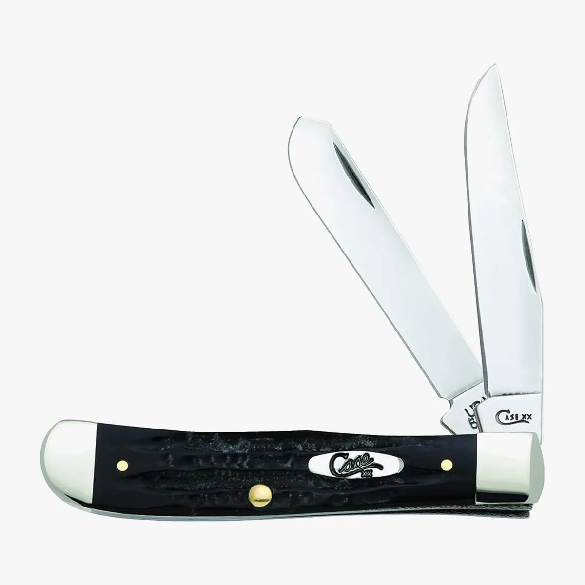a black pocket knife with two blades open
