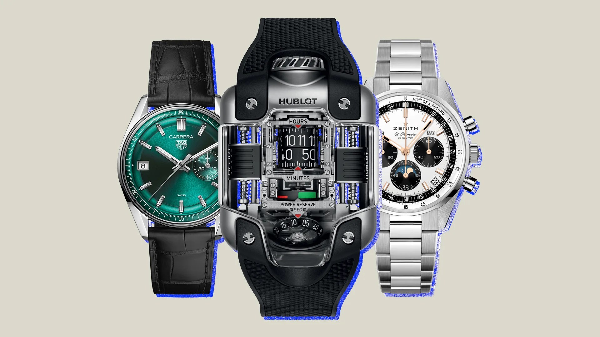 collage of three watches on a beige background