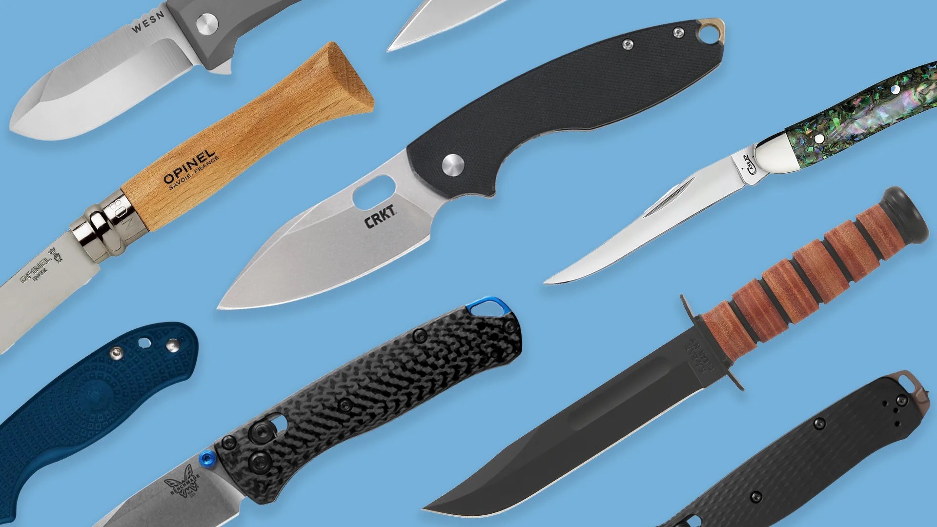 collage of knives on a blue background