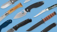 collage of knives on a blue background