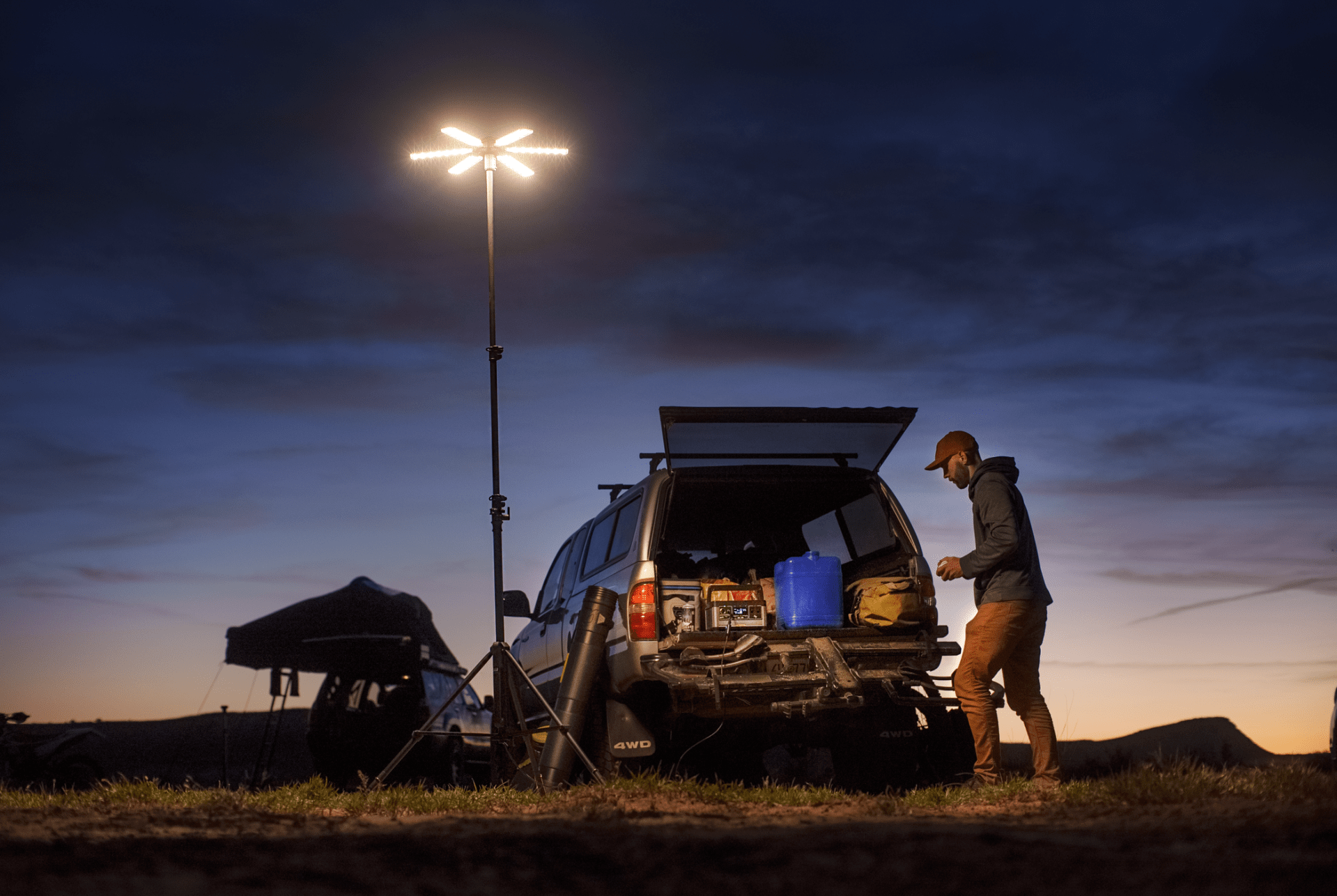 goal zero skylight at dusk in desert campsite