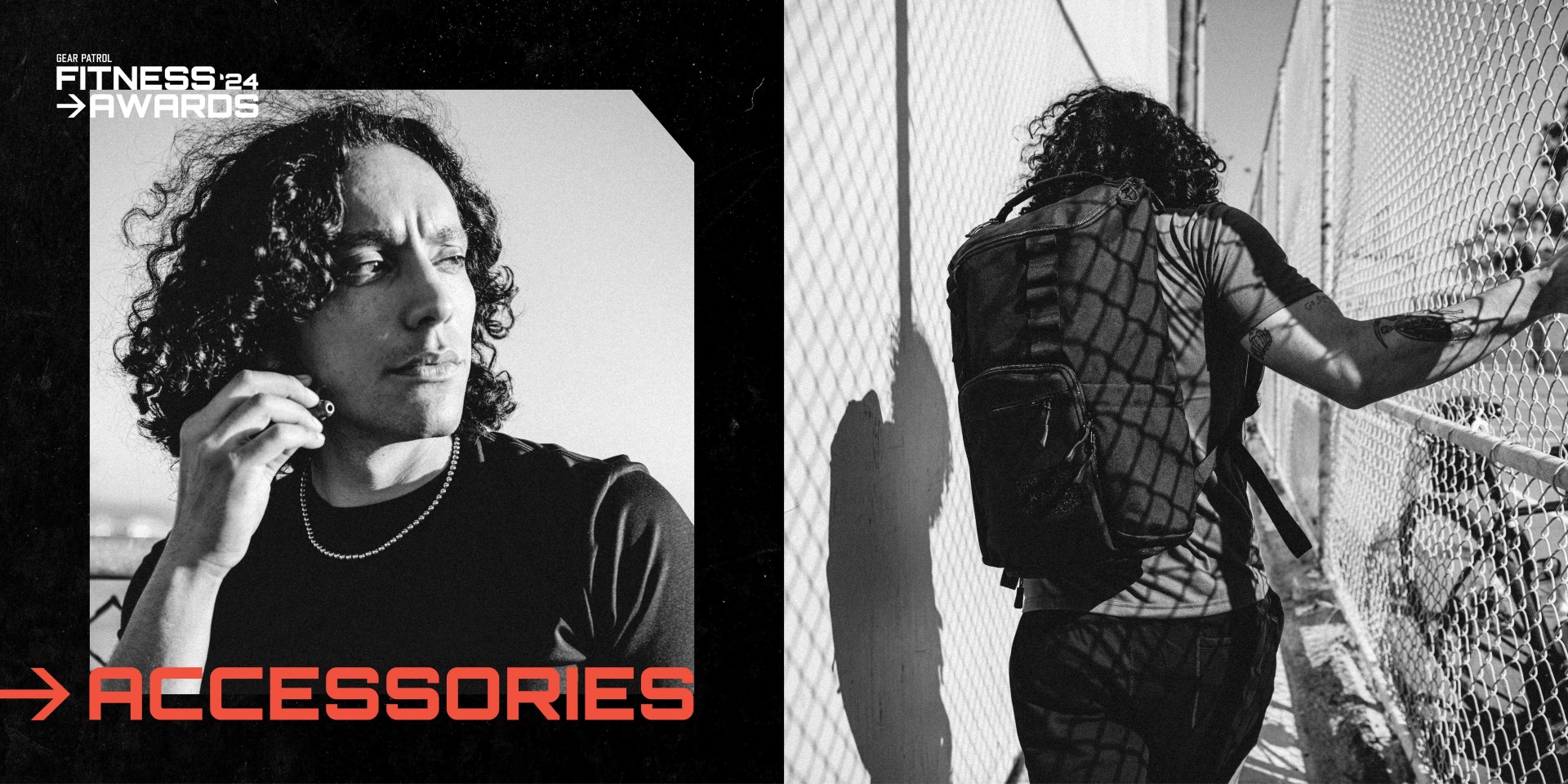 black and white photos of a man preparing for a workout with a headline that says gear patrol fitness awards 24 accessories