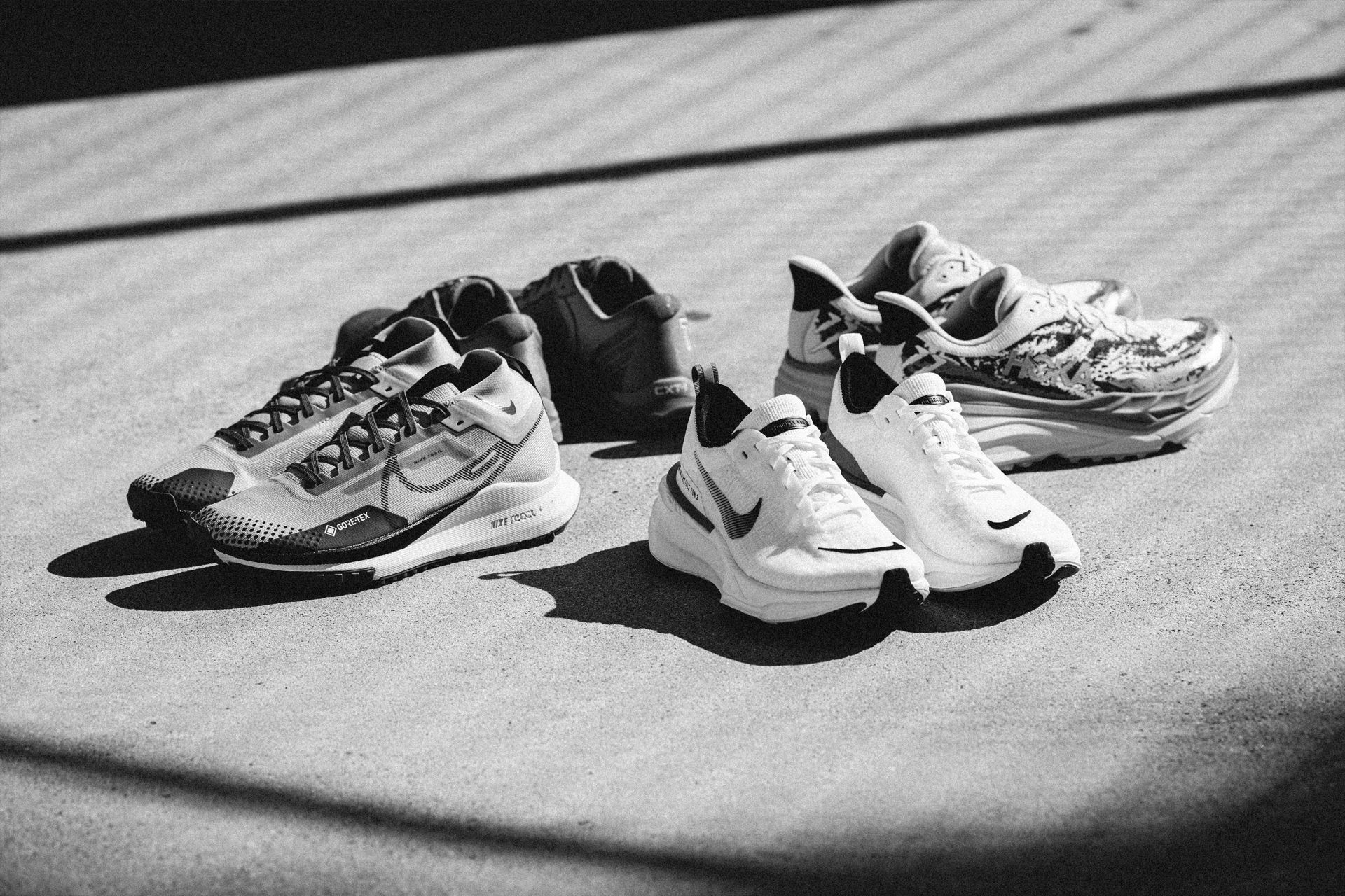 pairs of running shoes in a circle