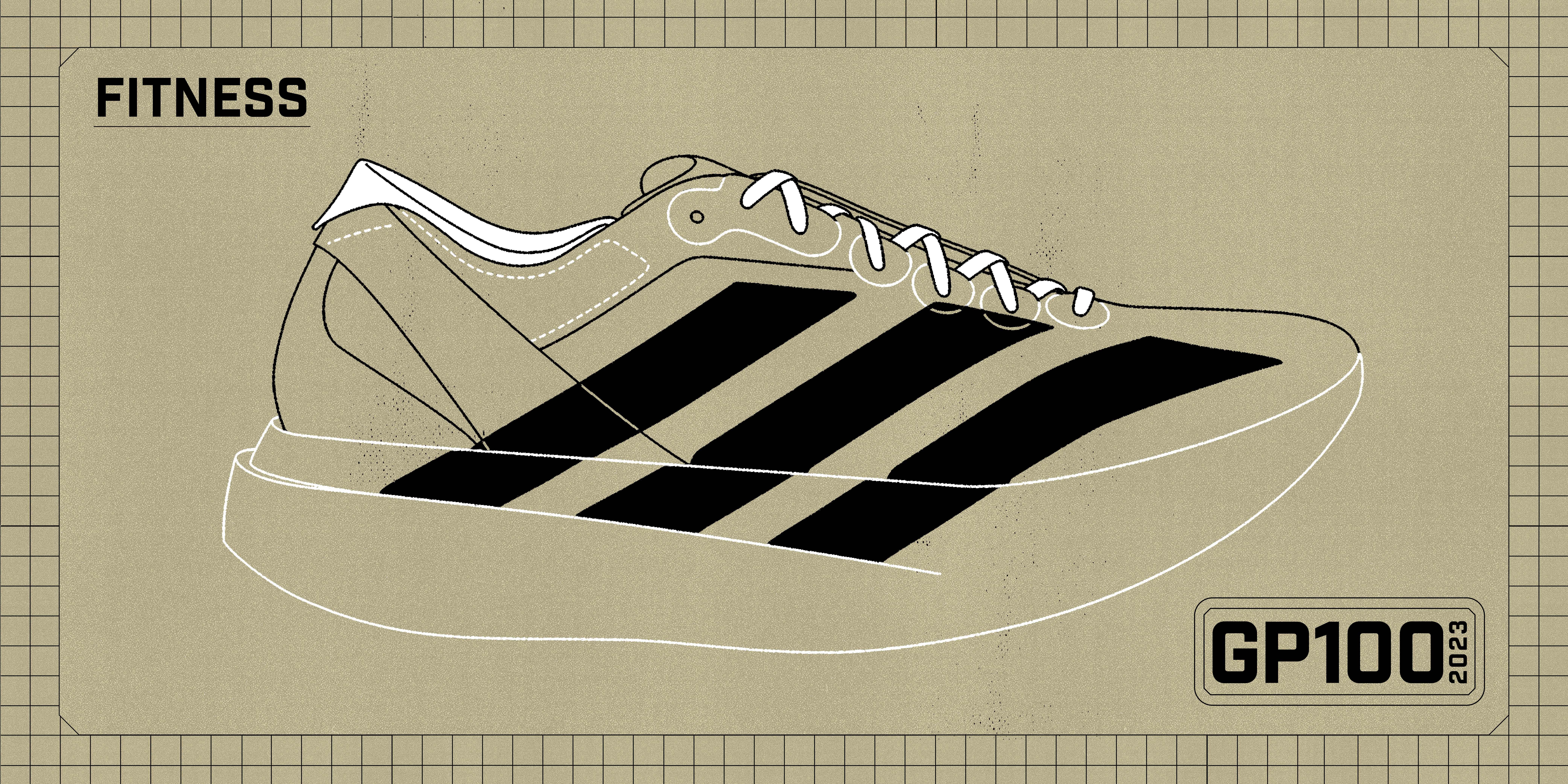 an illustration of a sneaker with a badge that says fitness and gp100 2023