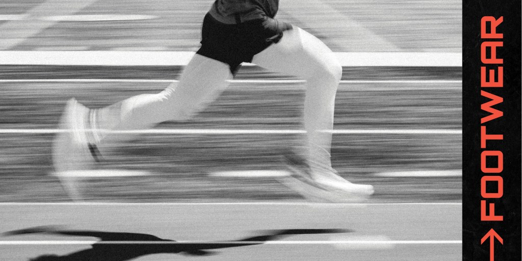black and white photo of a person running with a headline that says footwear
