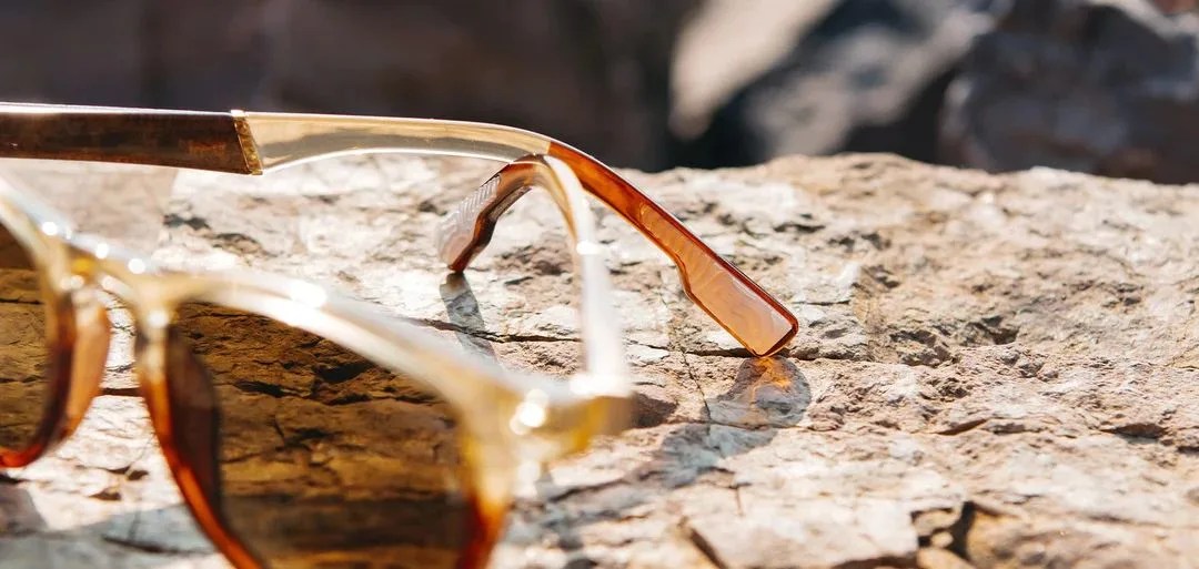 shwood francis actv sunglasses resting on a rock