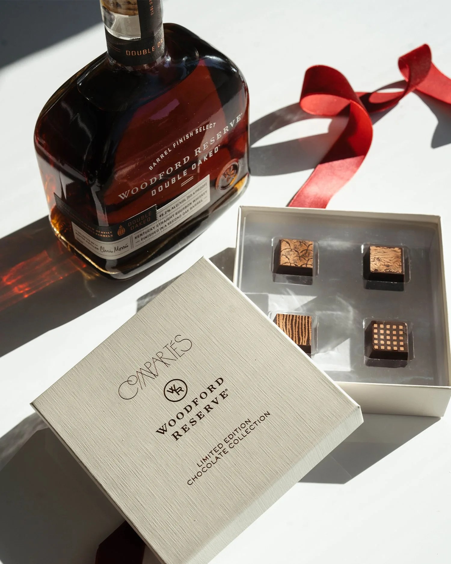 a bottle of liquor next to a box of chocolate