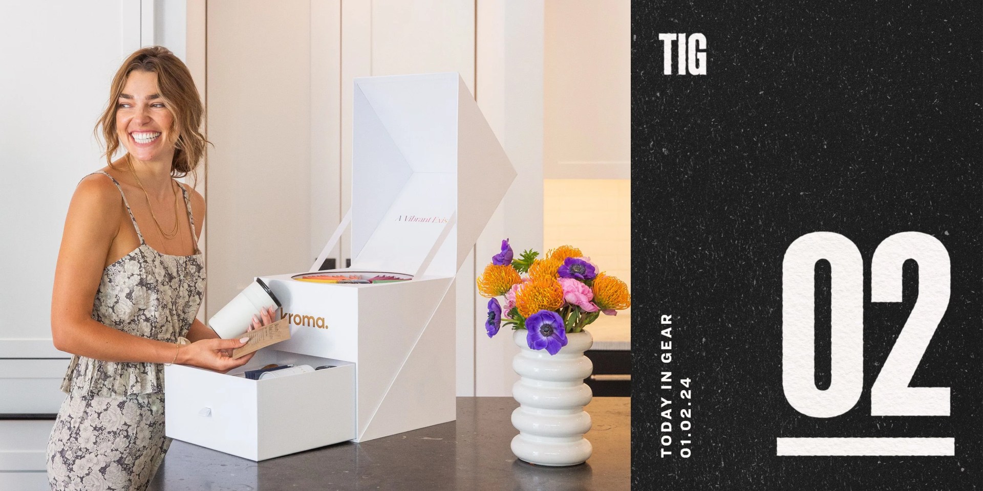 today in gear january 2 2024 a woman holding kroma the 5 day reset on a table next to a bouquet of flowers