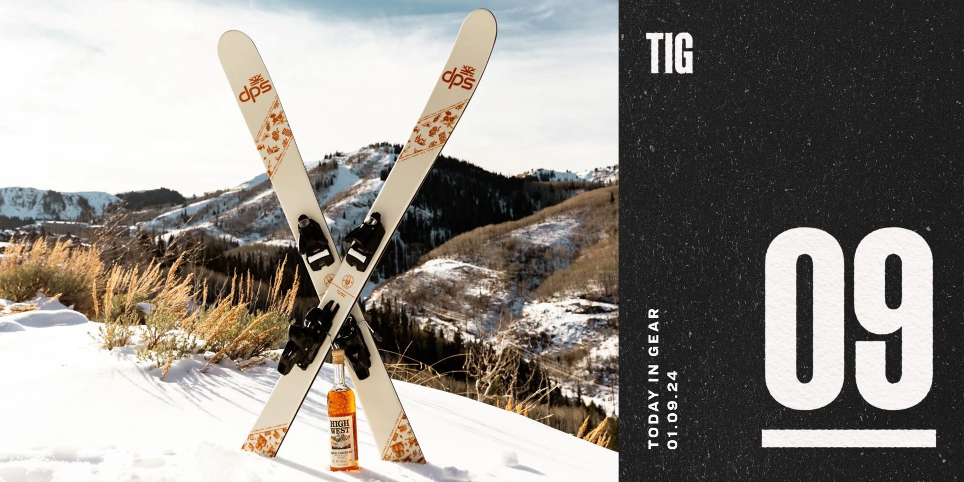 skiis in the snow with a bottle of whiskey