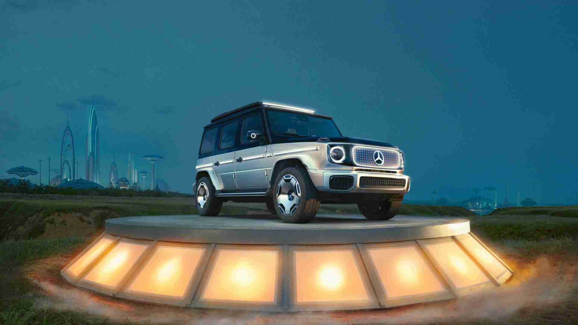 mercedes benz eqg concept on a futuristic pedestal