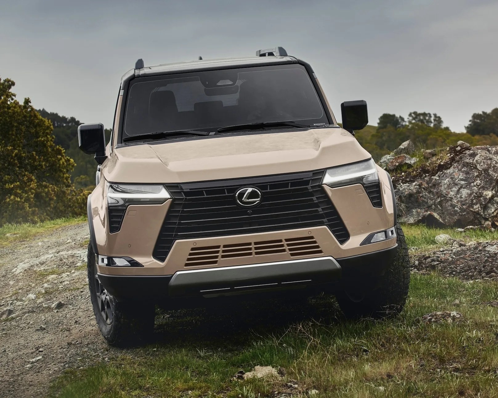 gold lexus gx 550 facing you while driving over rocks