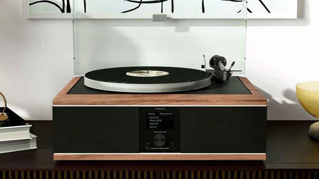 Andover Audio One All-in-One Turntable audio system sitting on sideboard