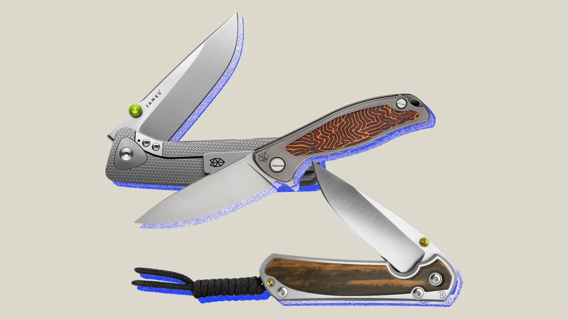 collage of three knives by the james brand, chris reeve, and shirogorov
