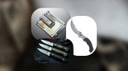 collage of thre montana knife company knives on a table, a crkt folding knife on a white background, and a james brand money clip with a 100 dollar bill and credit card on a gray background