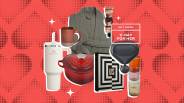 collage of a mug, a tumbler, a dutch oven, a robe, hand cream, a photo book, a massage gun, and glasses on a graphic heart background