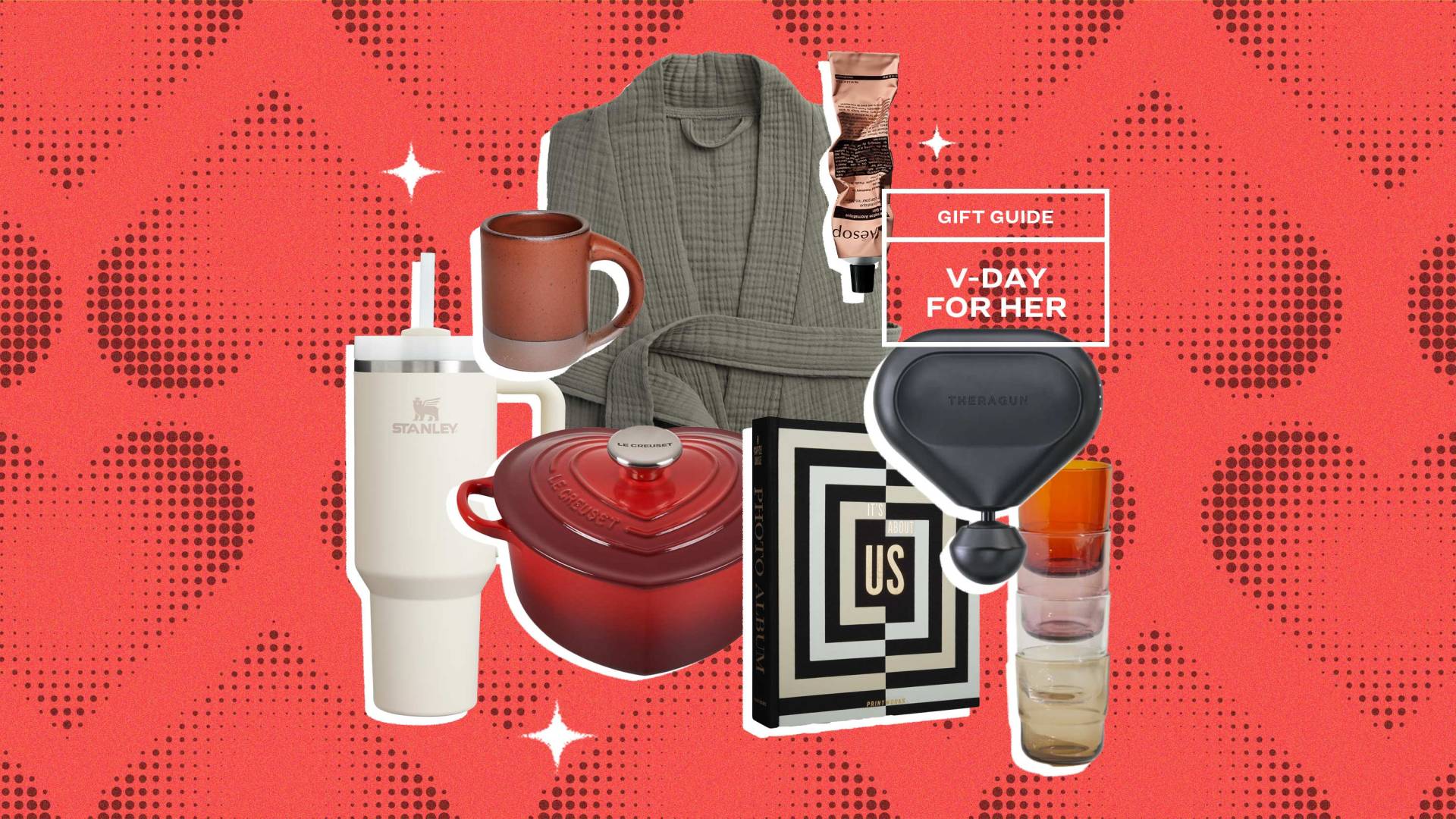 collage of a mug, a tumbler, a dutch oven, a robe, hand cream, a photo book, a massage gun, and glasses on a graphic heart background