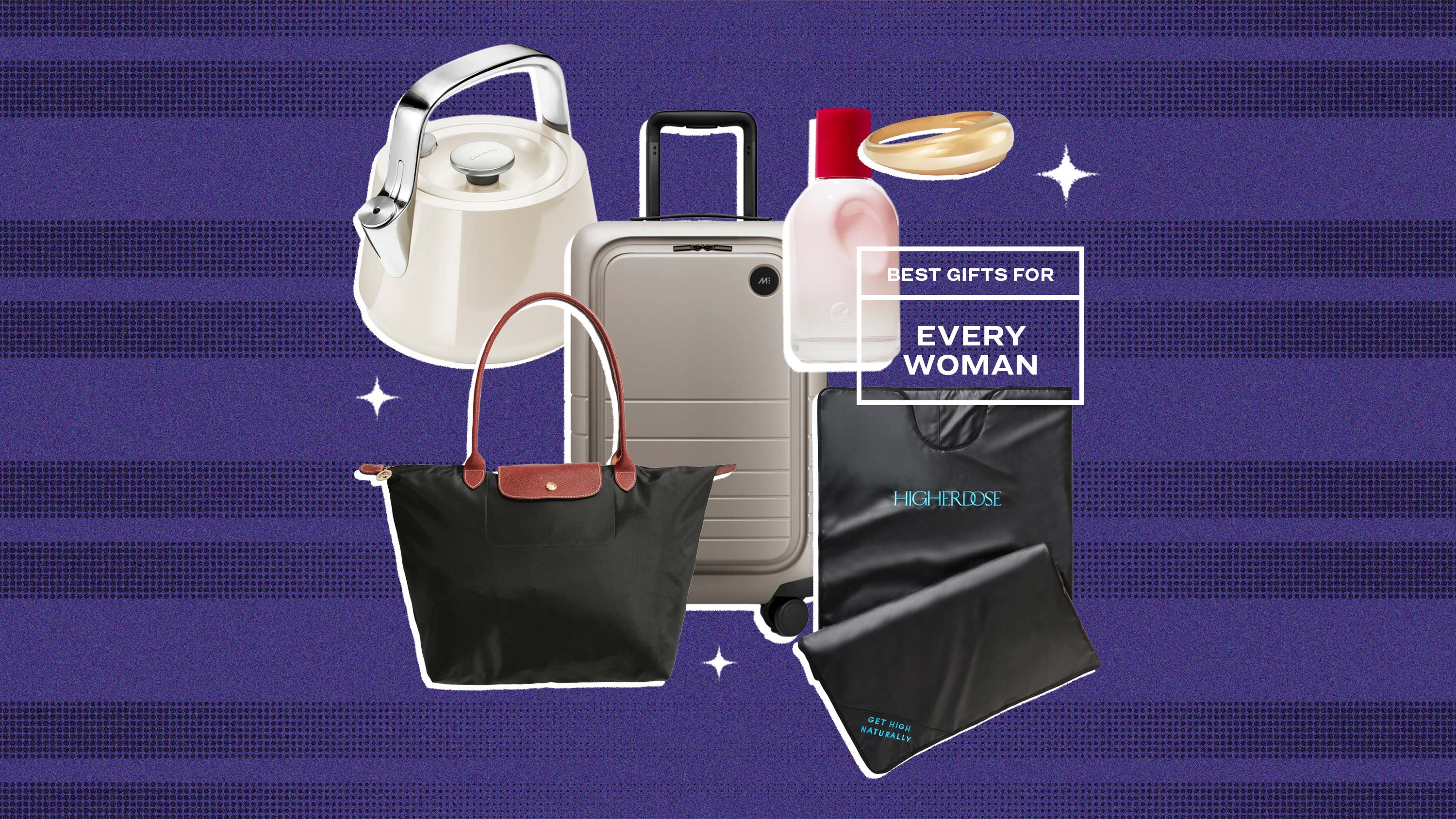 collage of a tea kettle, a gold ring, face wash, luggage, and a purse on a purple striped background