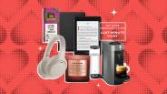 collage of chocolate, a kindle, headphones, a candle, and coffee maker on a graphic heart background