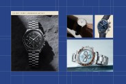 four images of chronograph watches on a blue grid background with a headline that says most iconic chronograph watches