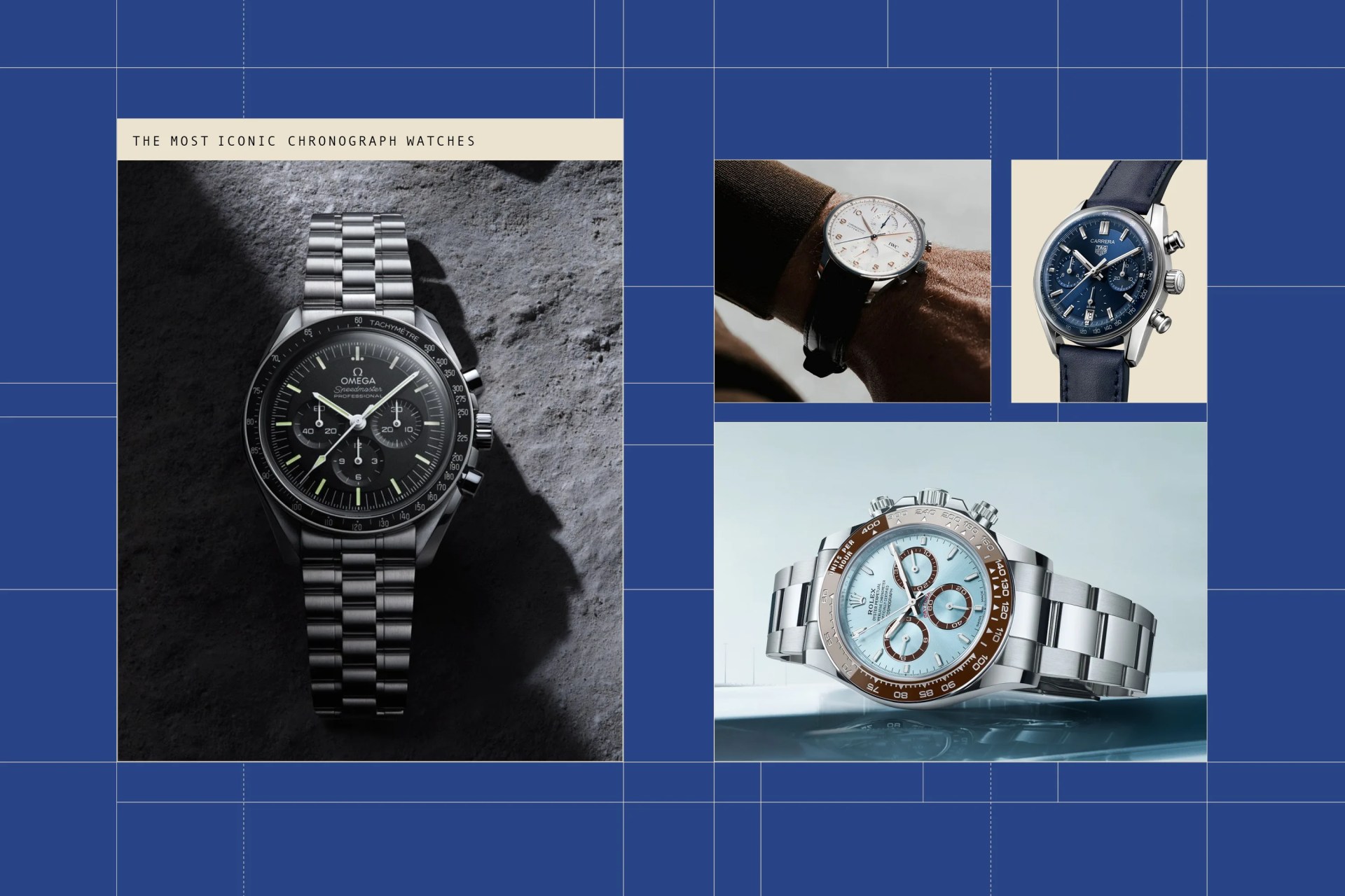 four images of chronograph watches on a blue grid background with a headline that says most iconic chronograph watches