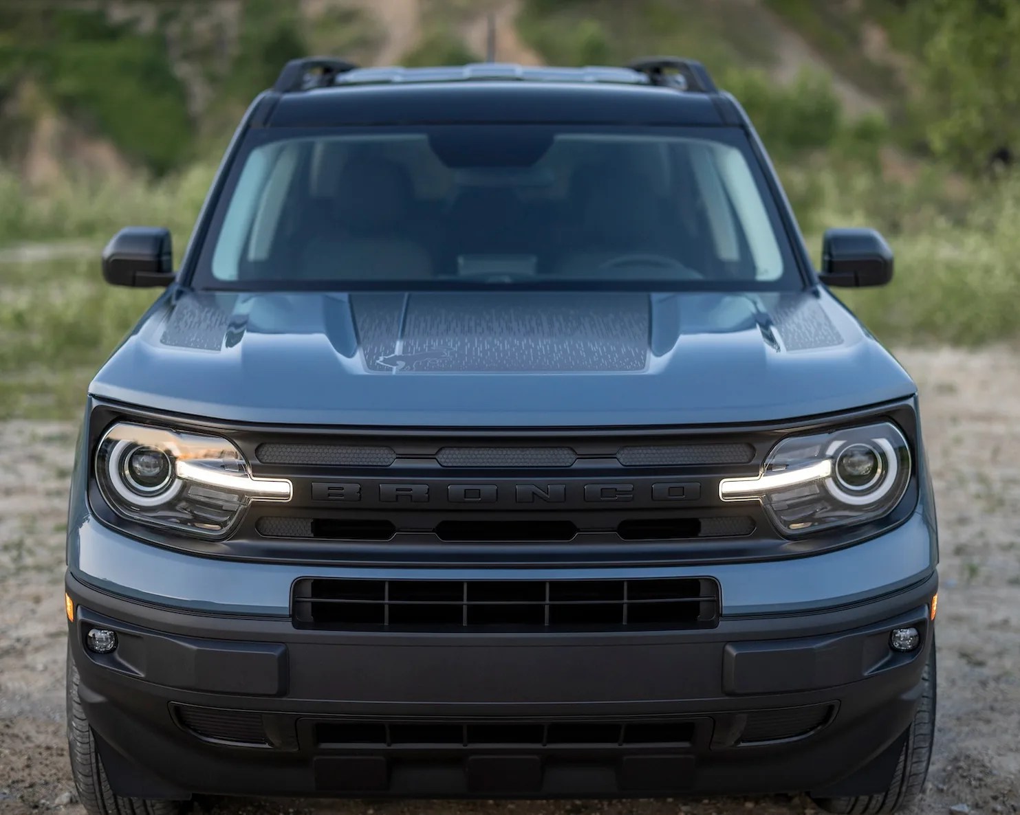 front-on view of a blue ford bronco sport suv