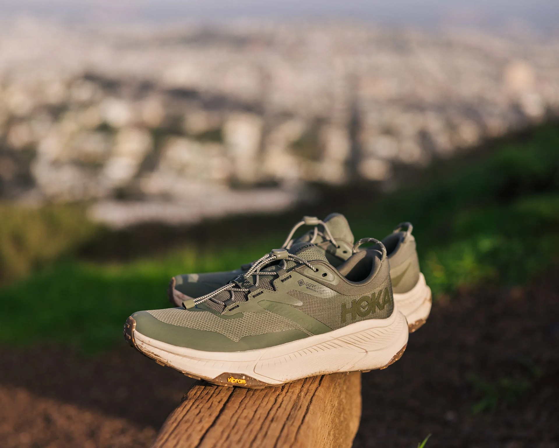 HOKA sneaker resting on wooden log with city in the background