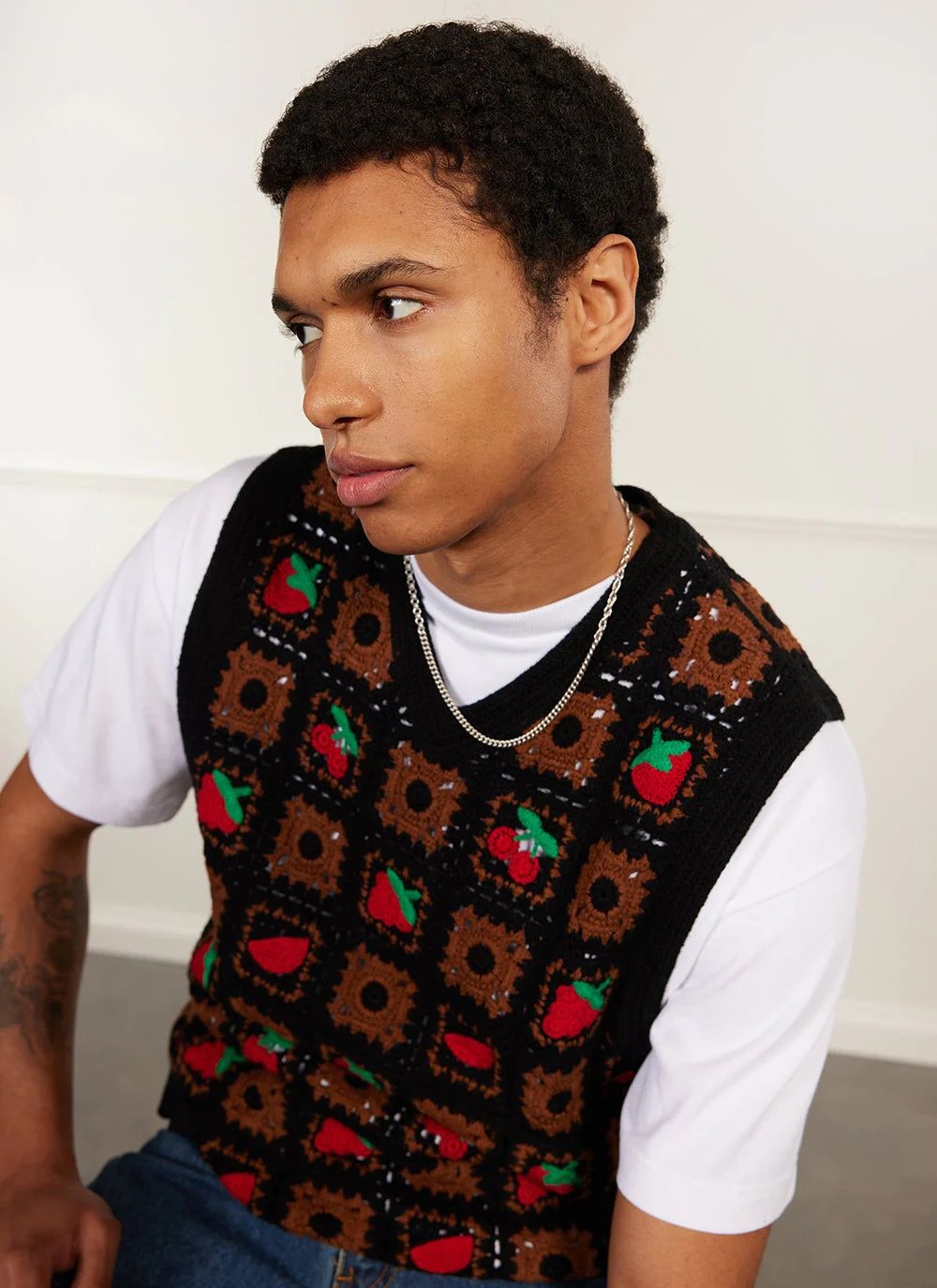 man wearing Percival Fruit Crochet Vest