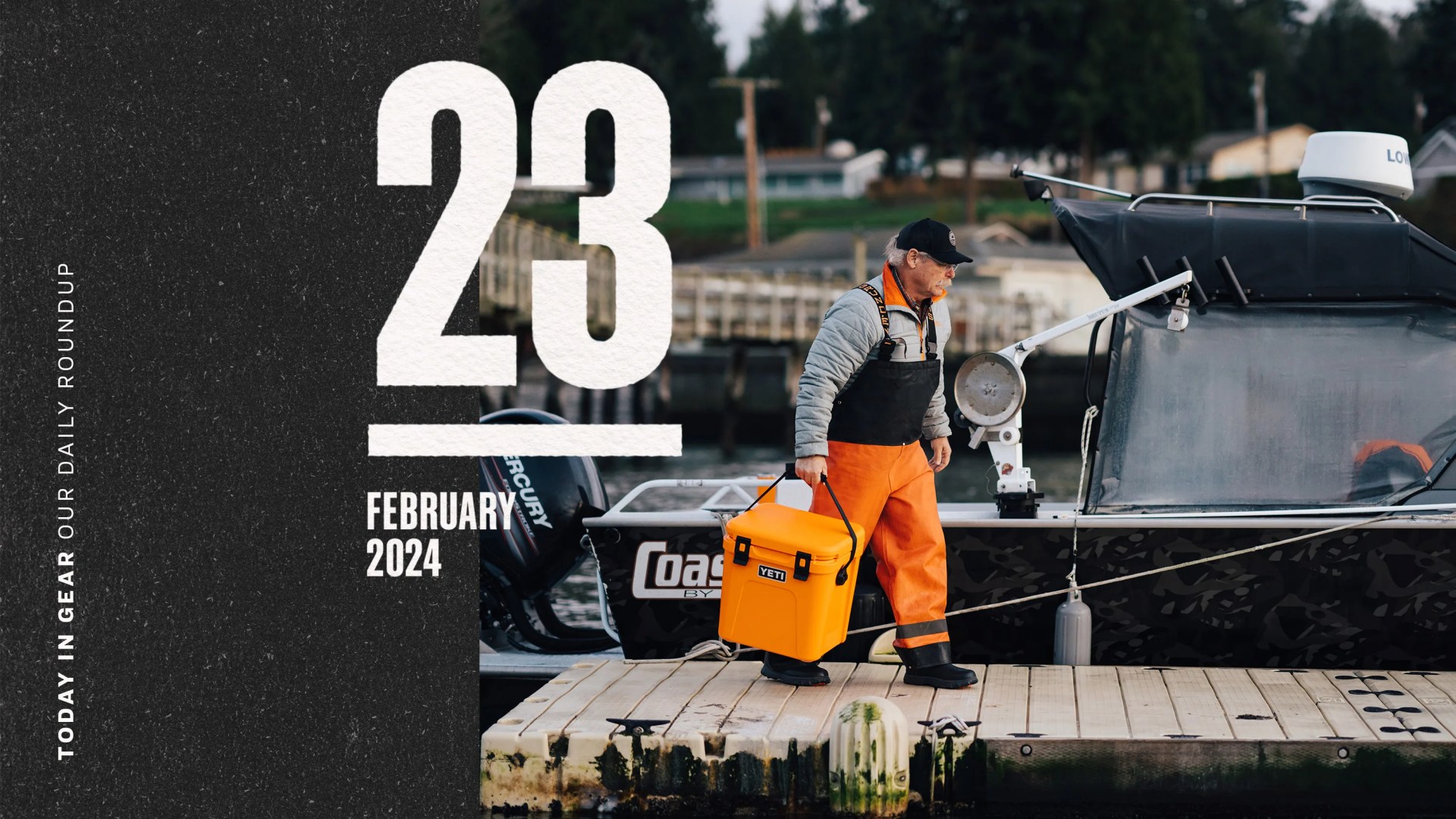 Today in Gear February 23 2024 older man walking along dock carrying Yeti cooler in orange