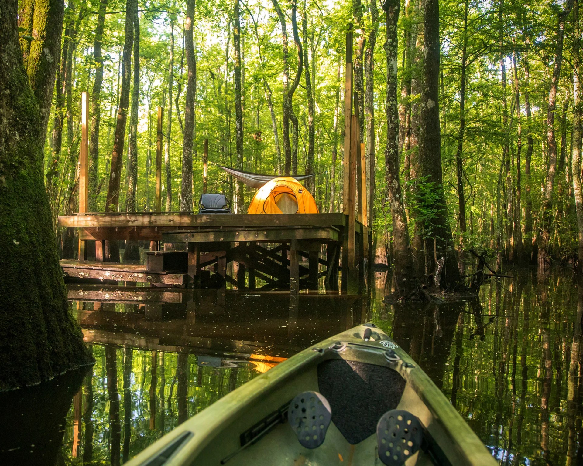 NCPN Roanoke River Platform Camping View of Platform and Tent from Canoe