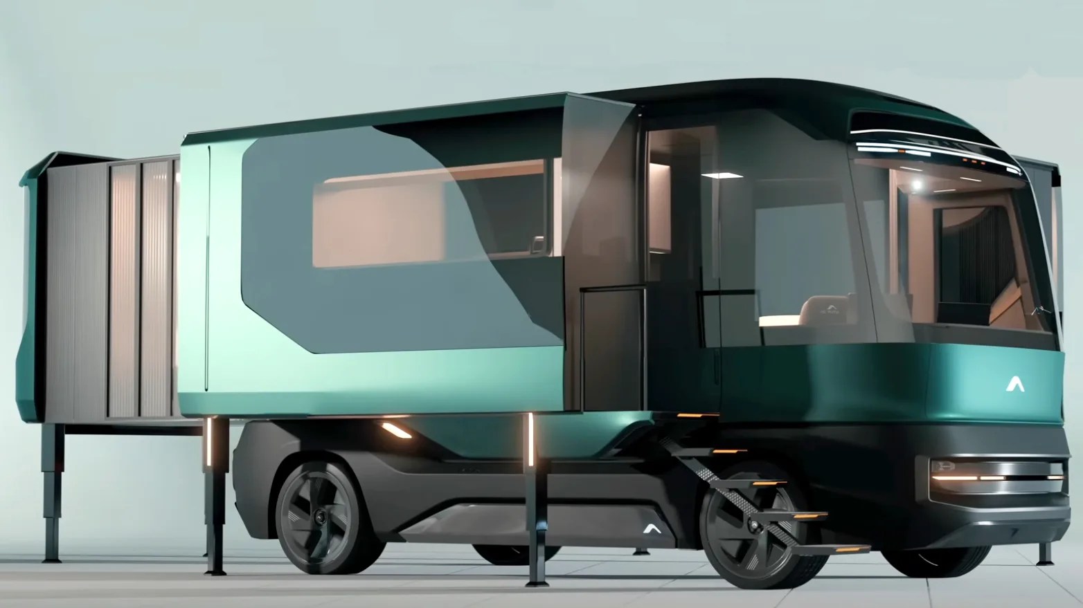 ac future's electric camper van with its walls opened to reveal its full size, as seen from the front three quarter view