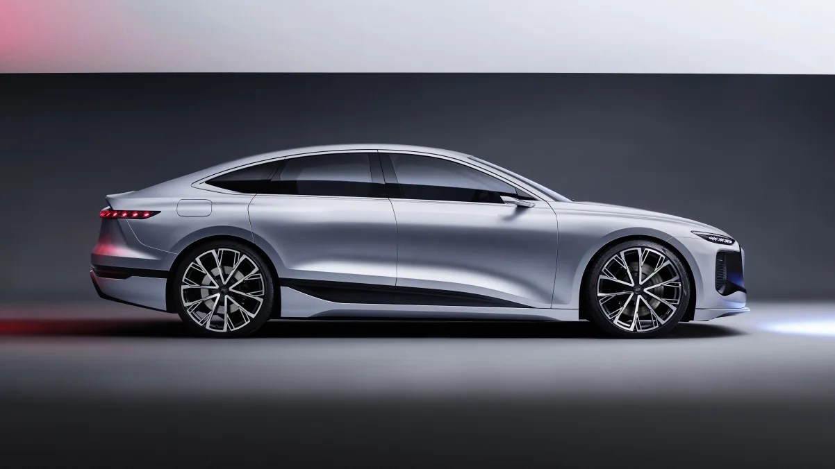 side view of the silver audi a6 e tron concept car