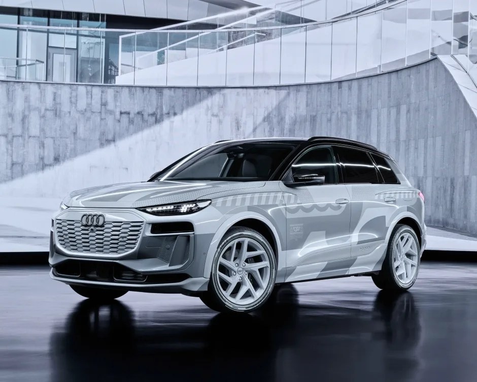 the audi q6 e tron electric crossover wearing black and white and gray paint