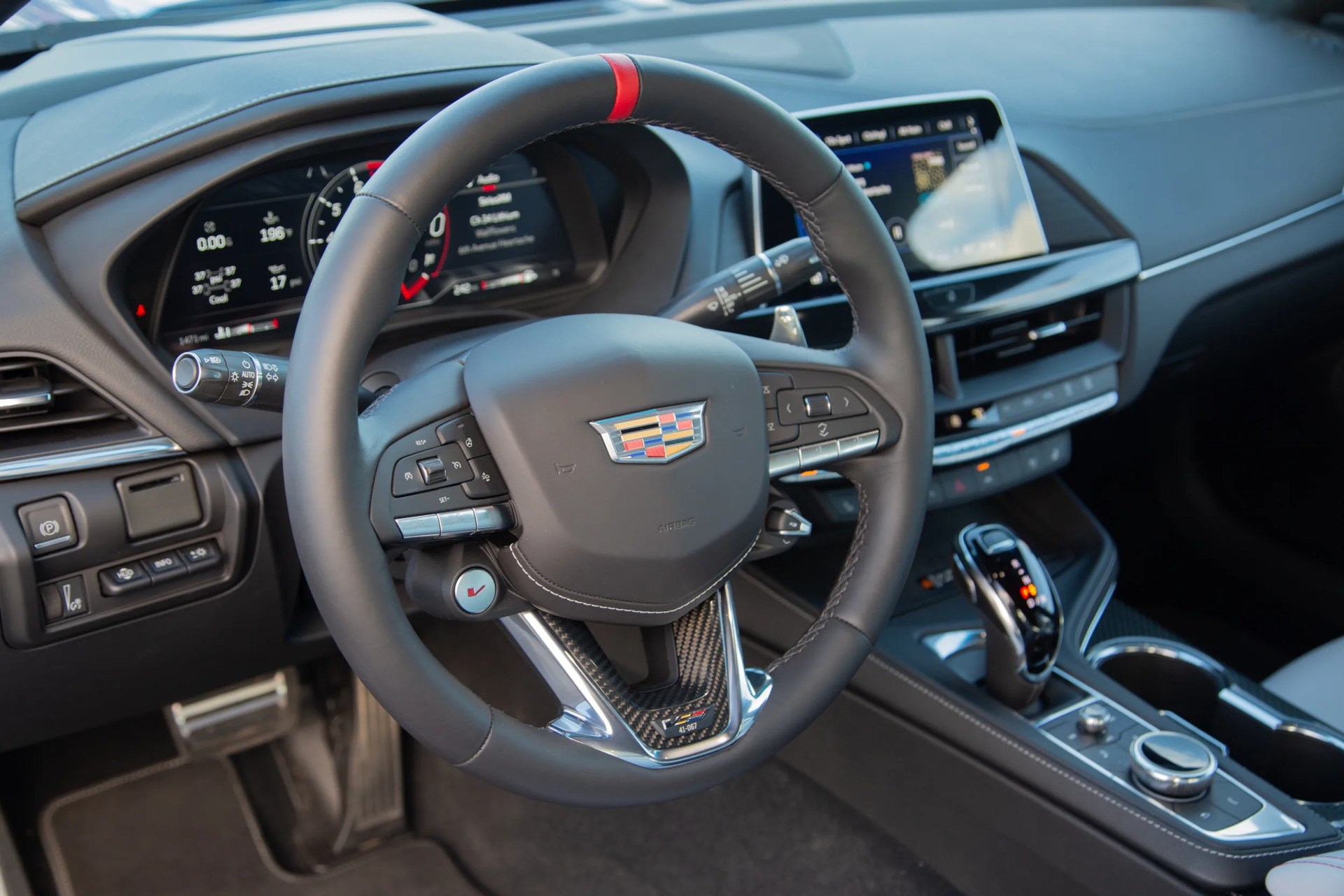 steering wheel and dashboard of a cadillac ct4 v blackwing