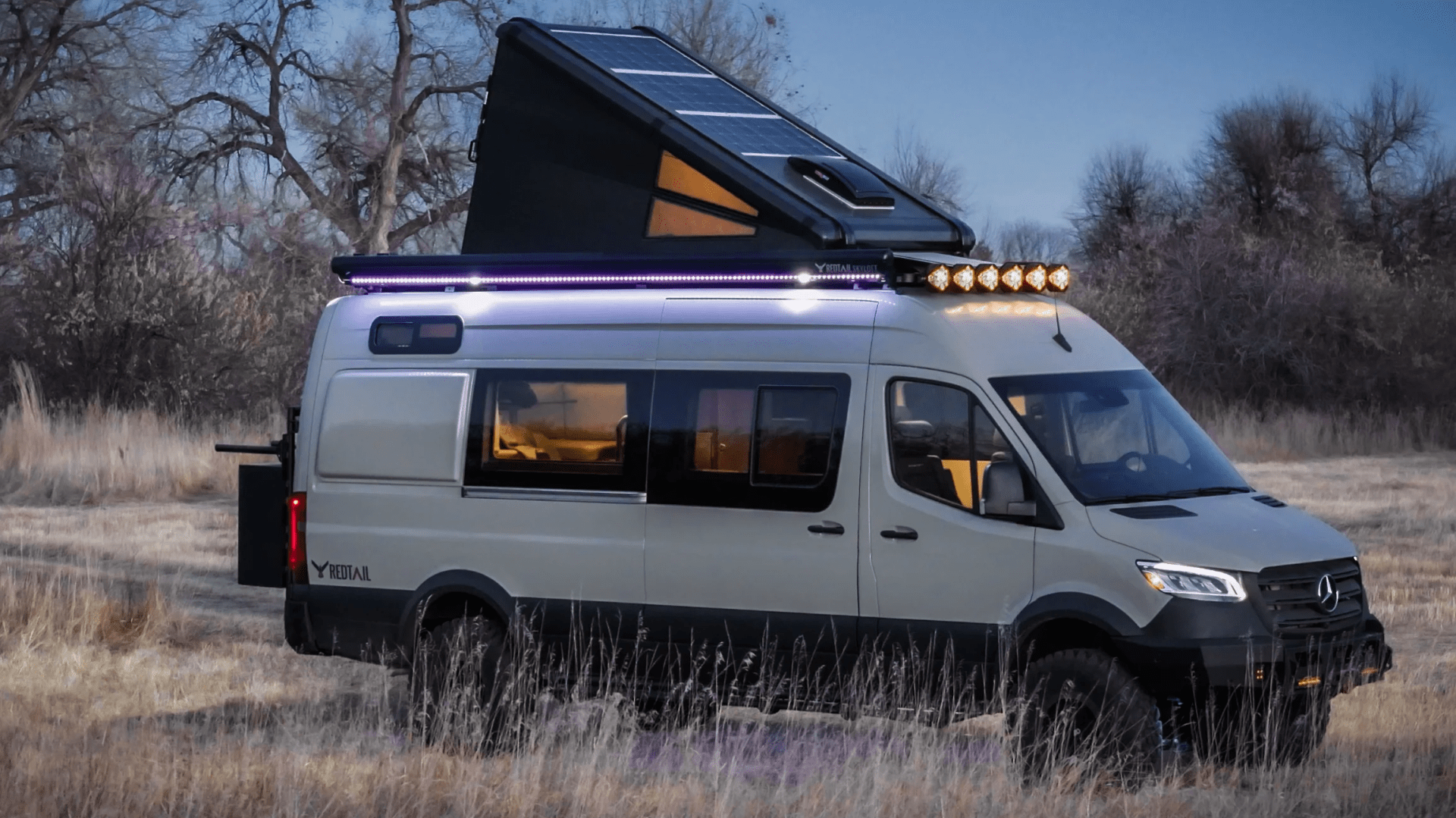 redtail overland skyloft camper van with rooftop tent deployed