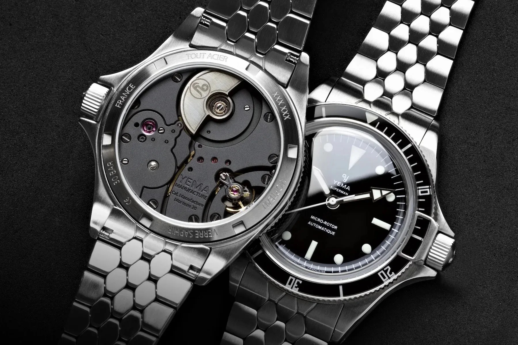 two dive watches seen from the front and rear
