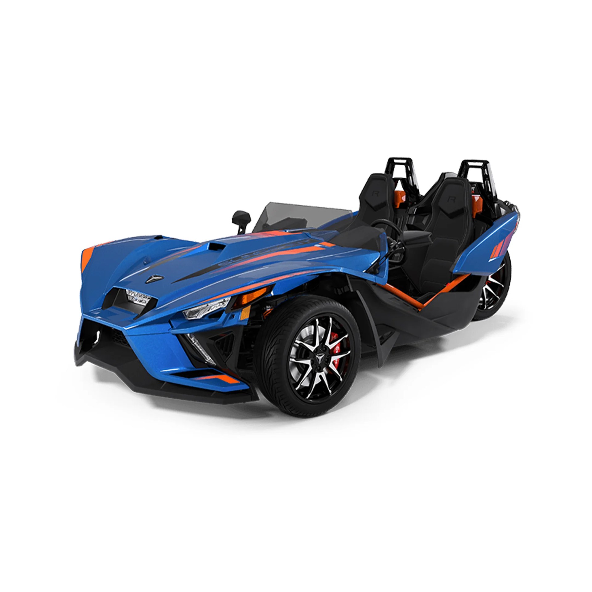 a black, blue, and orange 2024 Polaris Slingshot R on a white background
